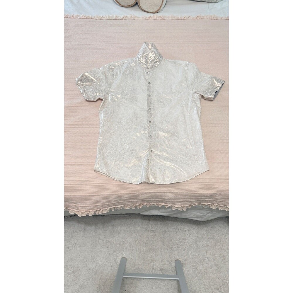Consequence Men's Metallic Silver Paisley Short Sleeve Shirt Size M Disco